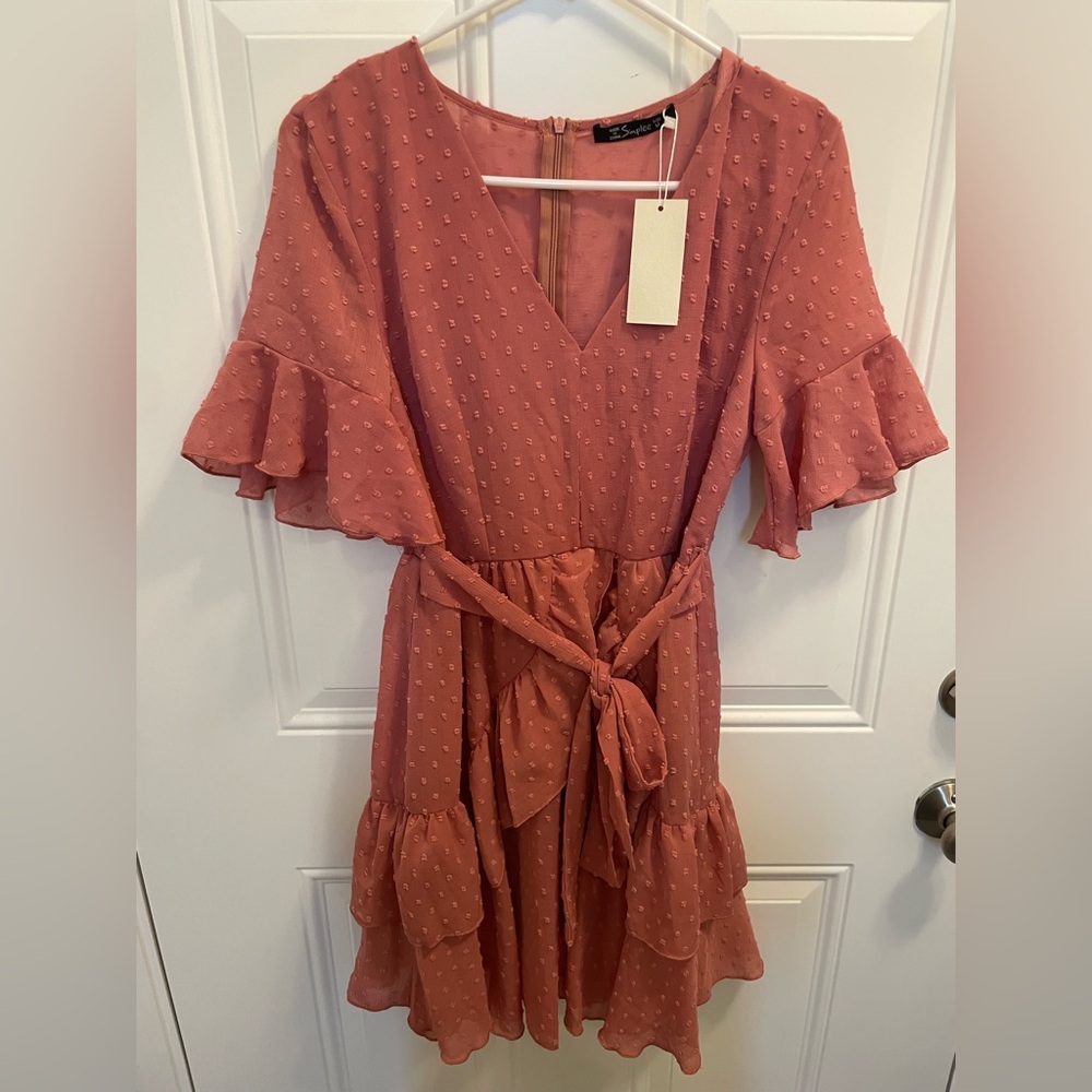 NWT - Womens’ Ruffled Pink Dress with Belt